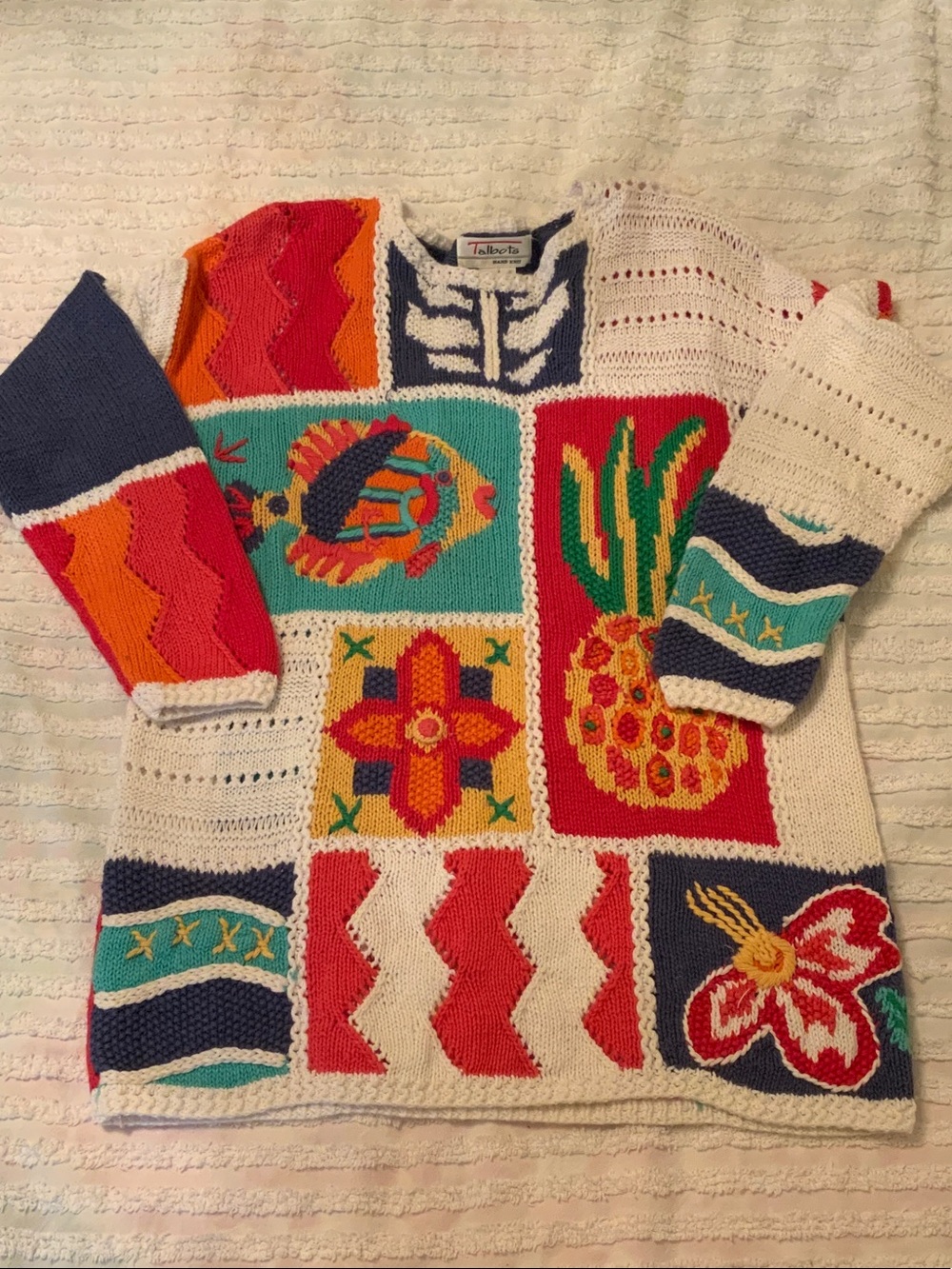 Vintage Talbots White Multicolor Nautical Patchwork Hand Knit Sweater S